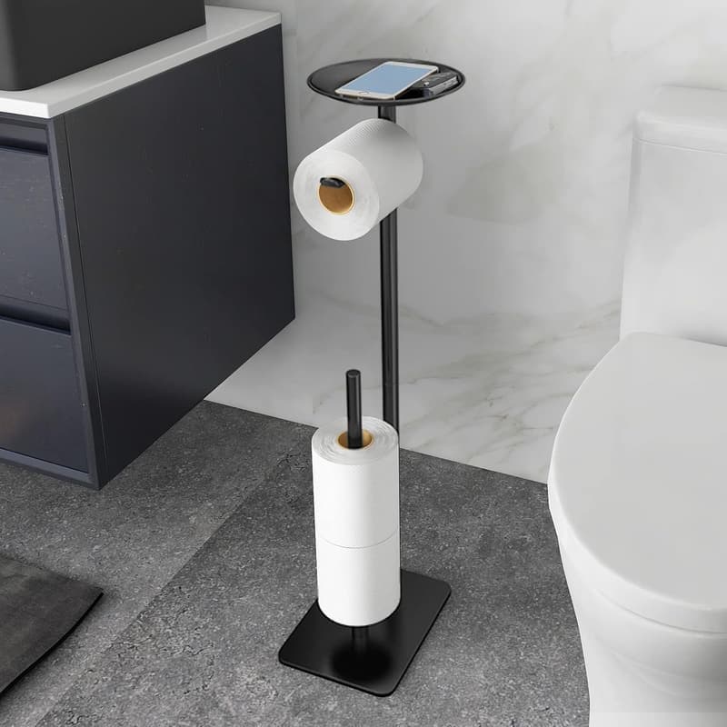 Floor-Standing Toilet Paper Holder with Storage Shelf (Black)