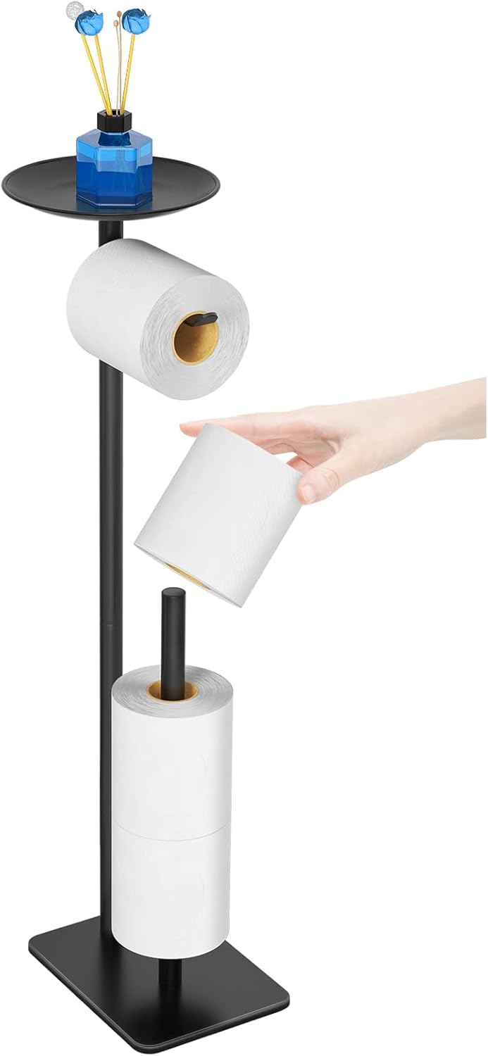 Floor-Standing Toilet Paper Holder with Storage Shelf (Black)