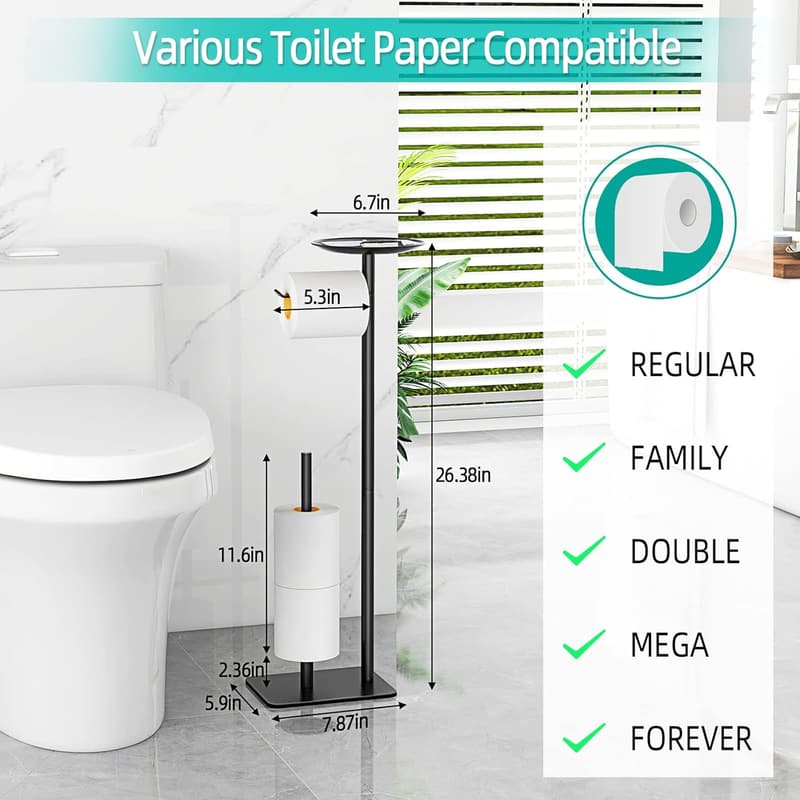 Floor-Standing Toilet Paper Holder with Storage Shelf (Black)