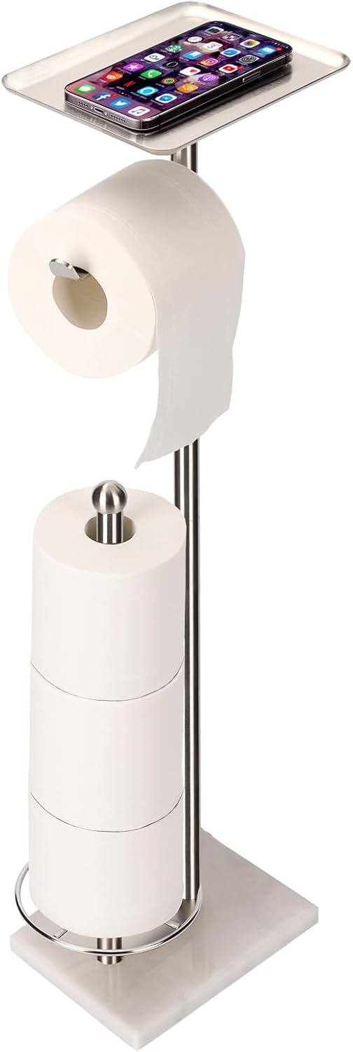 Freestanding Brushed Nickel Toilet Paper Holder with Marble Base