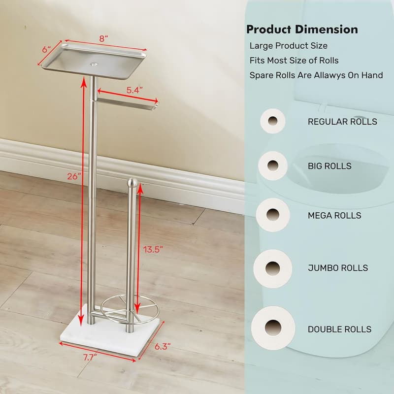 Freestanding Brushed Nickel Toilet Paper Holder with Marble Base