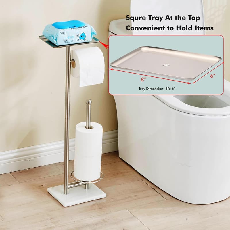 Freestanding Brushed Nickel Toilet Paper Holder with Marble Base