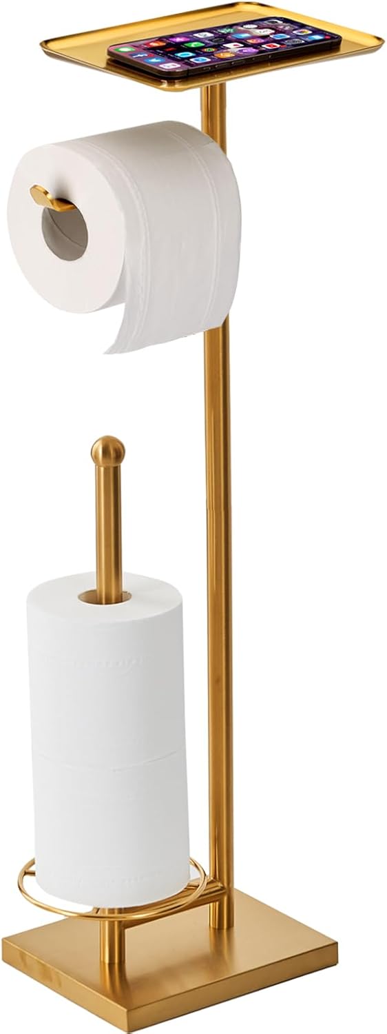 Gold Freestanding Toilet Paper Holder with Tray and Weighted Base