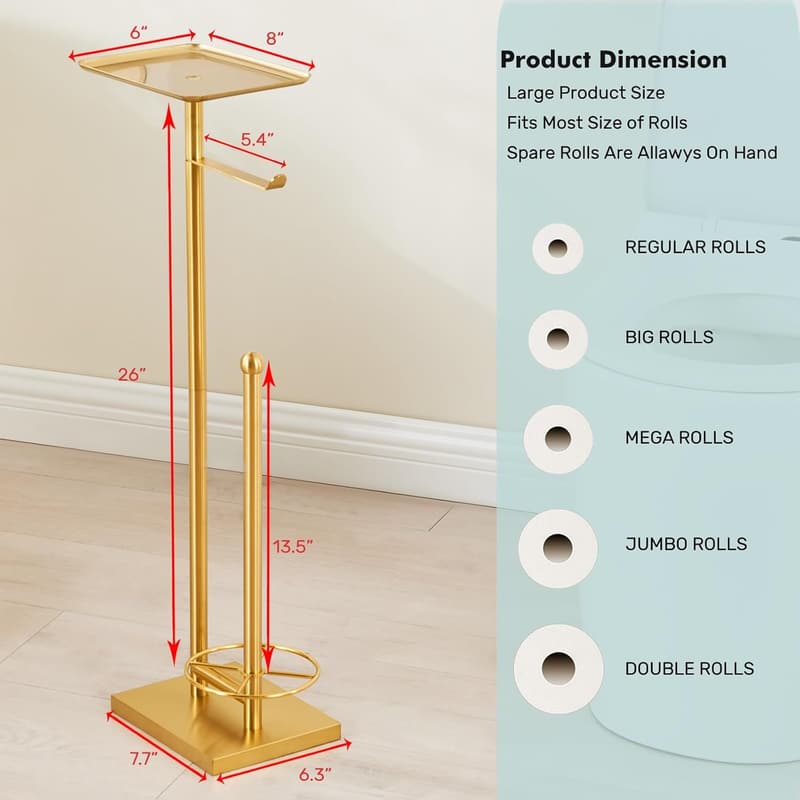 Gold Freestanding Toilet Paper Holder with Tray and Weighted Base