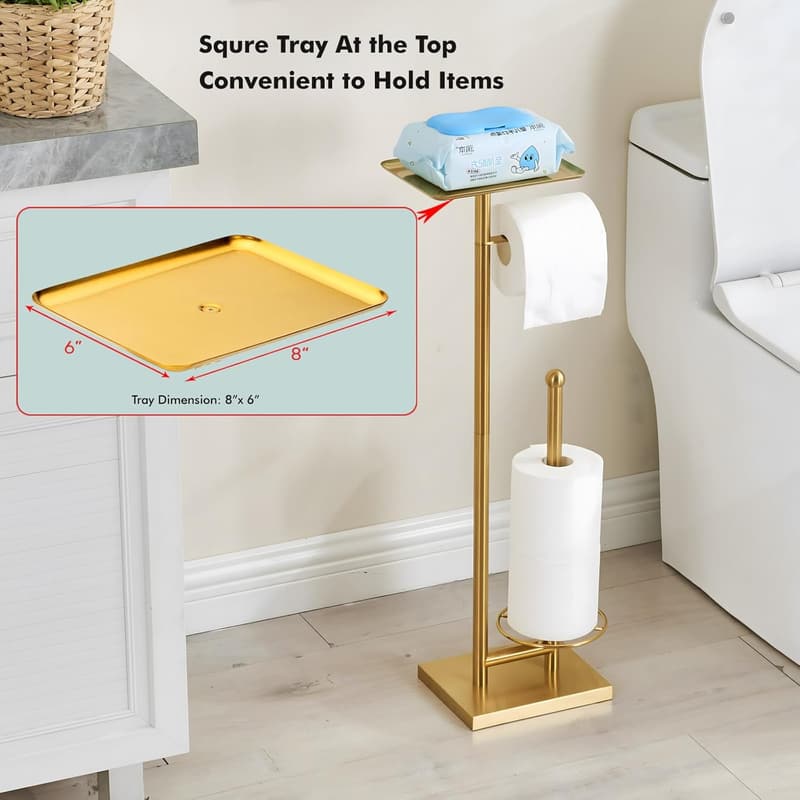 Gold Freestanding Toilet Paper Holder with Tray and Weighted Base