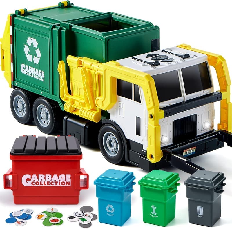 Friction-Powered Garbage Truck Toy Set with Dumpster and Learning Cards