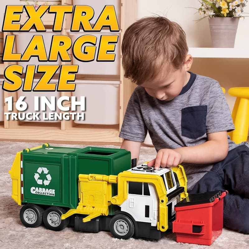 Friction-Powered Garbage Truck Toy Set with Dumpster and Learning Cards