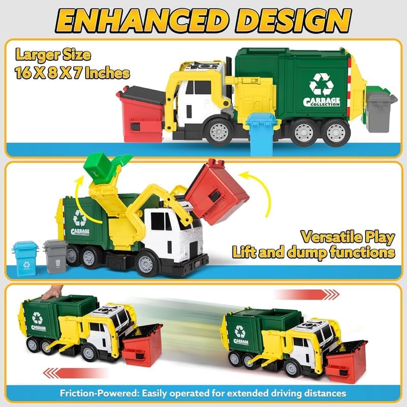 Friction-Powered Garbage Truck Toy Set with Dumpster and Learning Cards