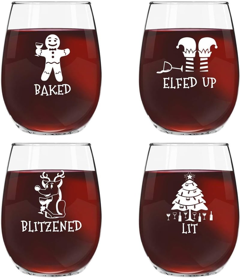 Funny Stemless Wine Glass Set for Christmas - 15 oz, Set of 4