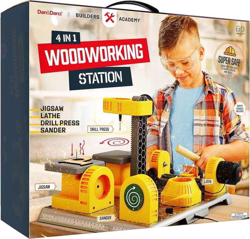 Kids' 4-in-1 Woodworking Station - STEM Building Kit for Ages 8+