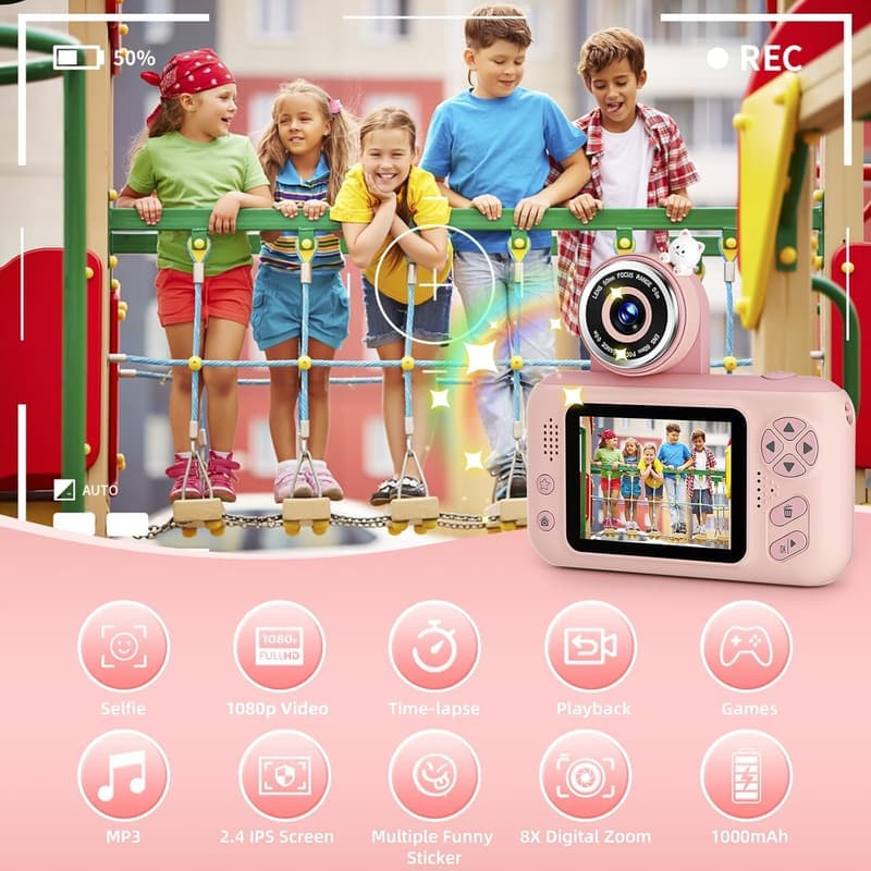 Kids 1080P HD Digital Camera for Girls, Birthday Gift, Pink