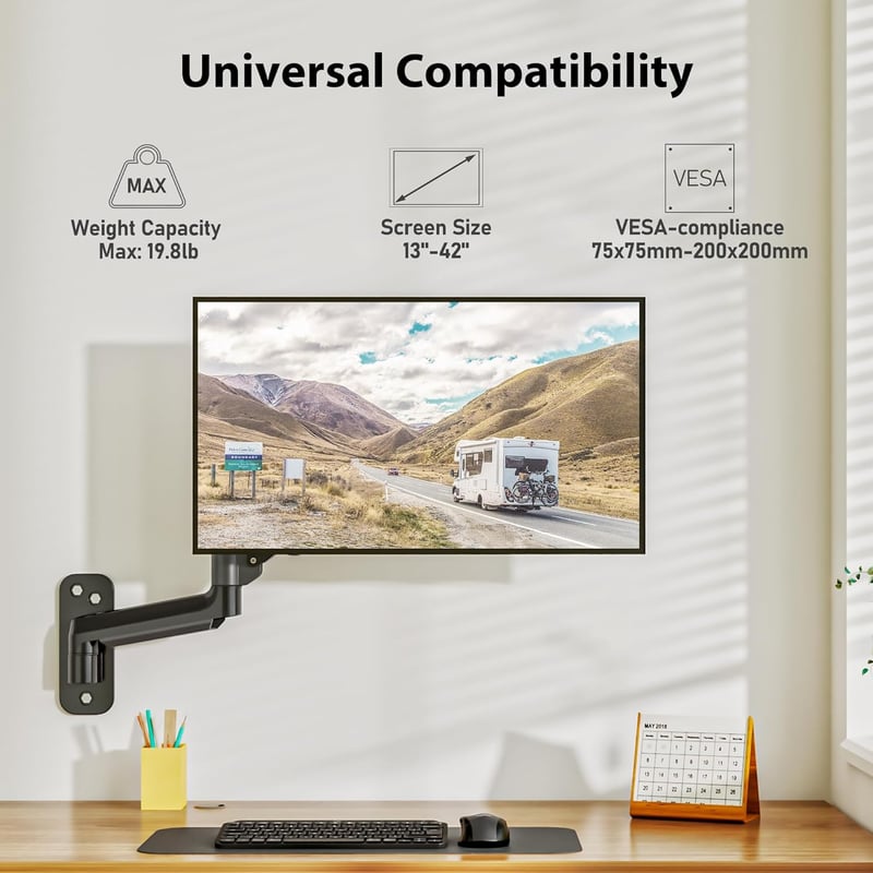 Height Adjustable Single Arm Monitor Wall Mount for 13-42 Inch Screens