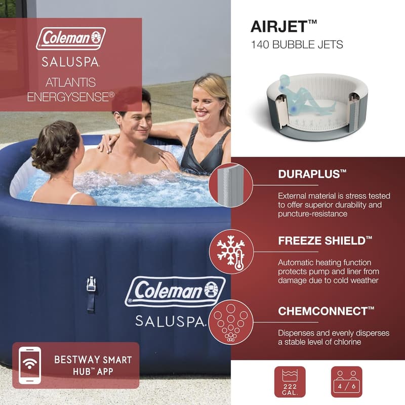 Inflatable Hot Tub for 4-6 People with 140 AirJets, Blue