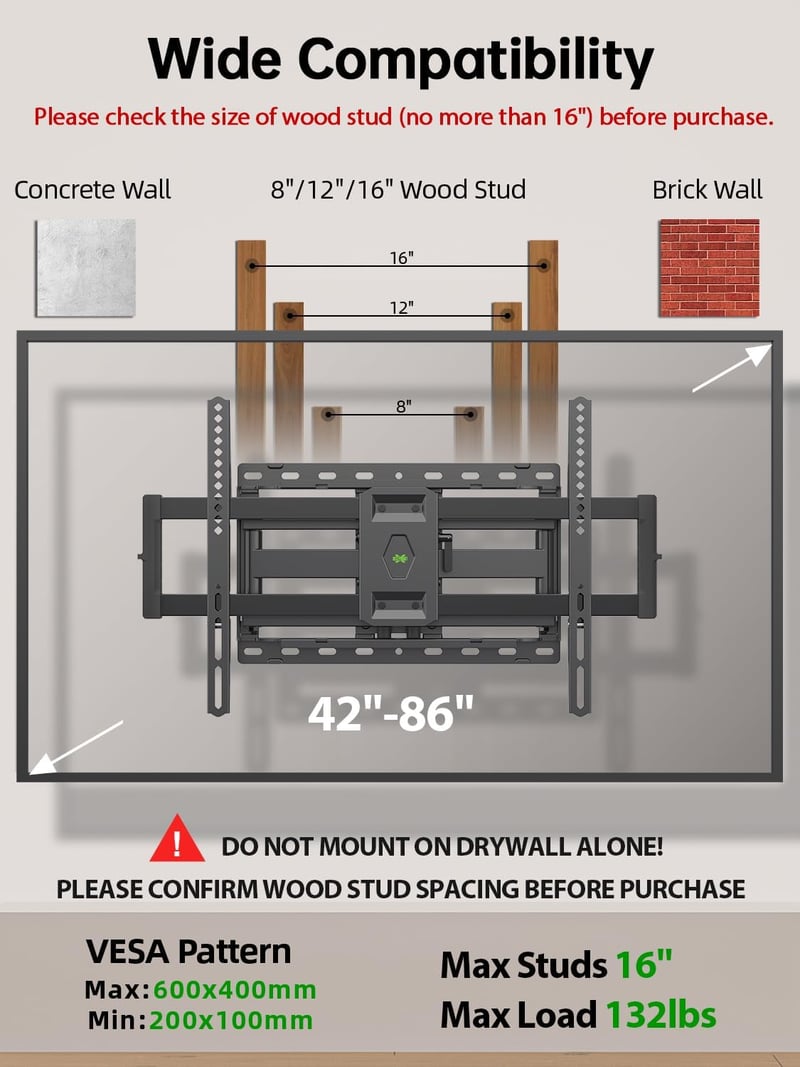 Full Motion TV Wall Mount for 42-86 inch TVs, Max 132 lbs