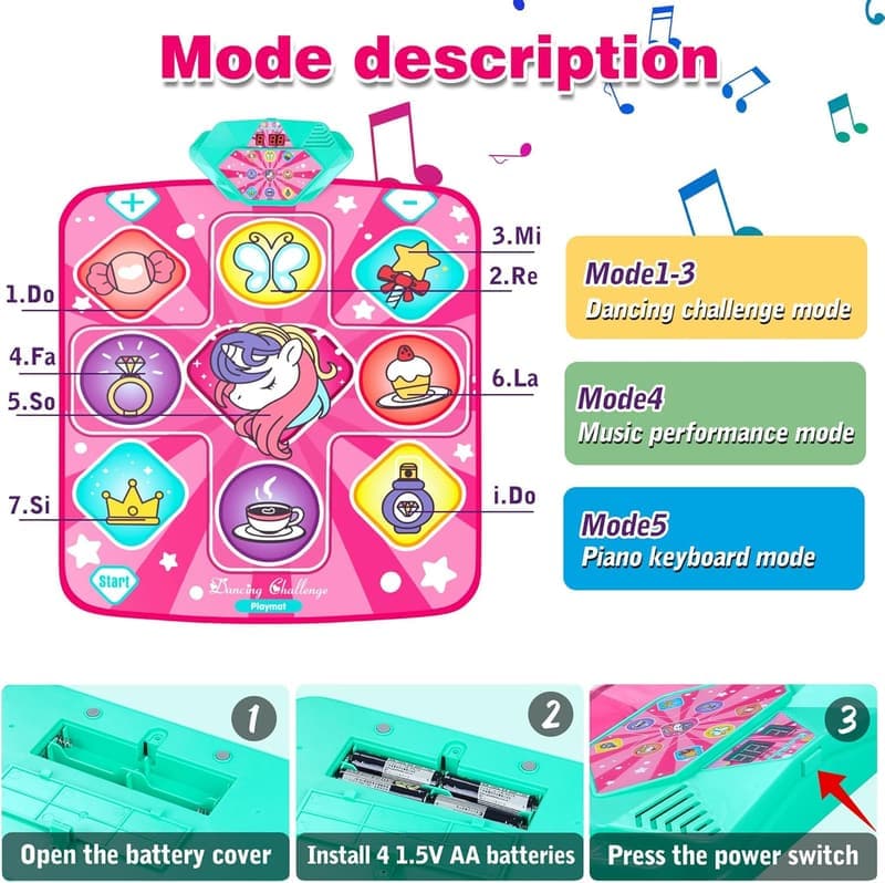 Pink Unicorn Dance Mat with LED Lights for Kids (3-12 Years)