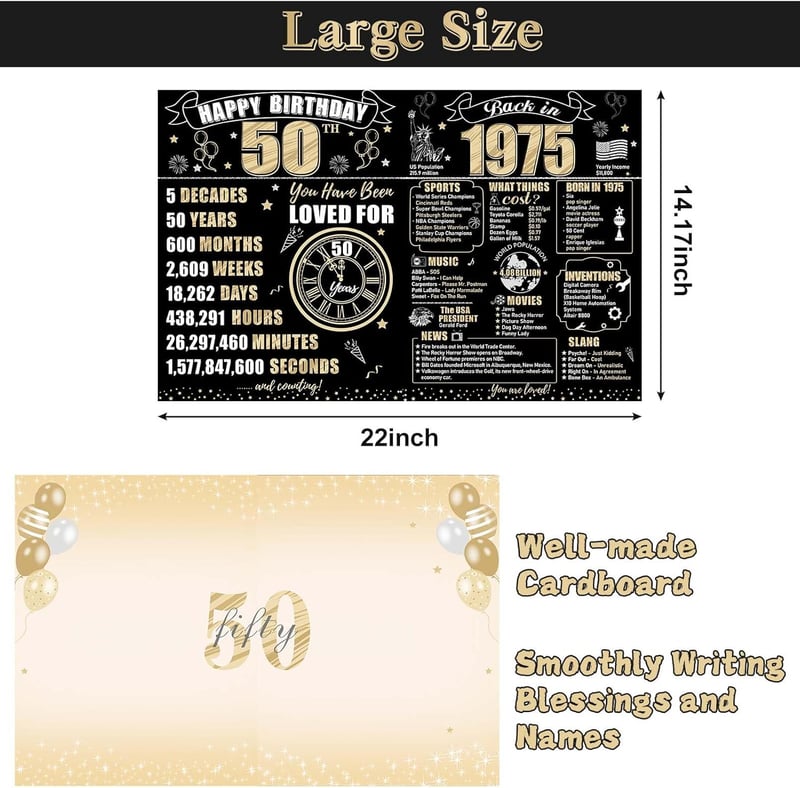 50th Birthday Giant Greeting Card with Envelope - 1975 Black Gold