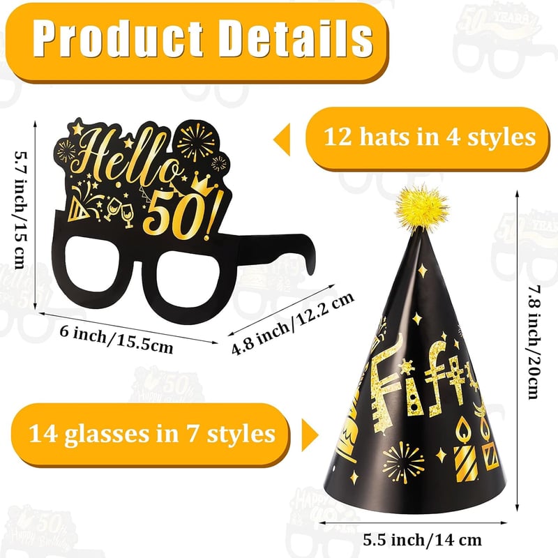 50th Birthday Party Decoration Kit: Glasses & Hats Set