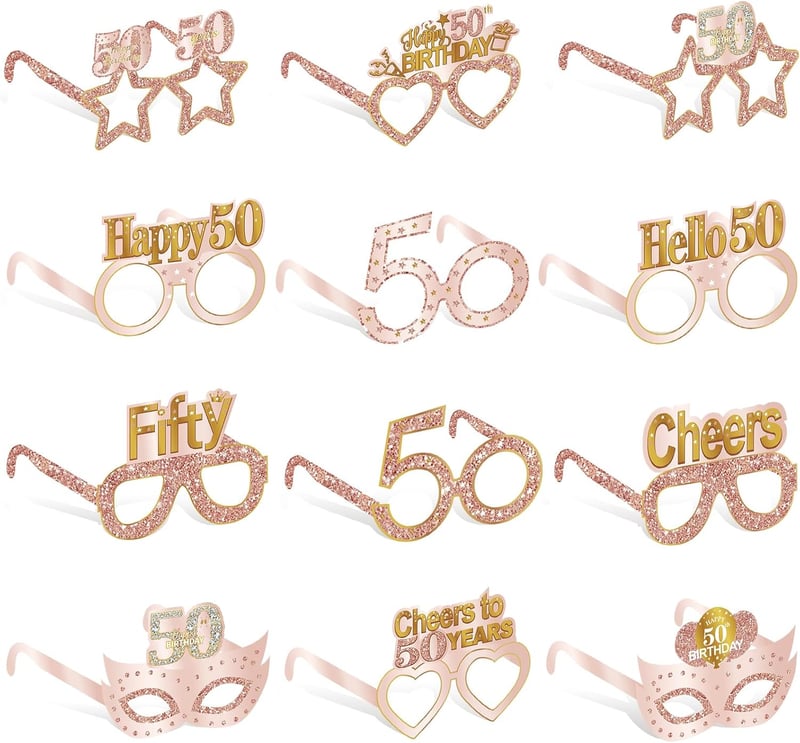 50th Birthday Paper Eyeglasses Decorations - 24PCS, Pink Rose Gold