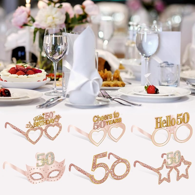 50th Birthday Paper Eyeglasses Decorations - 24PCS, Pink Rose Gold