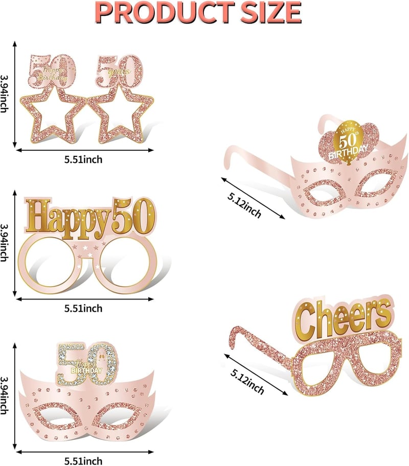 50th Birthday Paper Eyeglasses Decorations - 24PCS, Pink Rose Gold