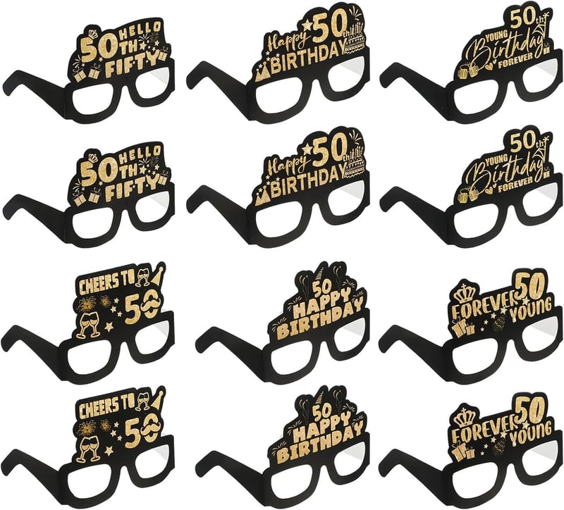 50th Birthday Black & Gold Paper Glasses - Party Supplies (12 PCS)