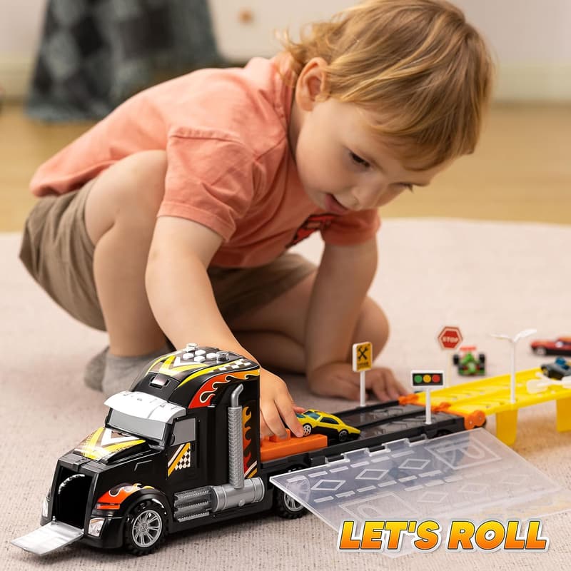 Toy Truck Playset with 5-ft Race Track & 12 Cars for Kids