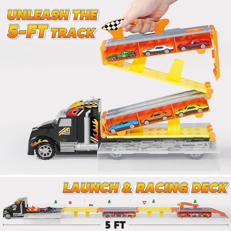 Toy Truck Playset with 5-ft Race Track & 12 Cars for Kids