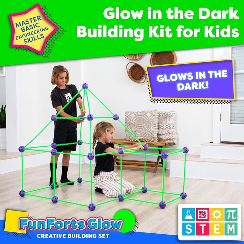Glow Fort Building Kit - 81-Piece Glow-in-the-Dark STEM Toy