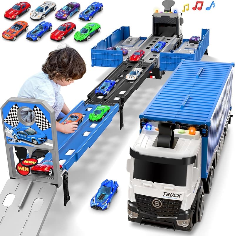 Foldable 3-Layer Race Track Playset for Toddlers, 8 Cars