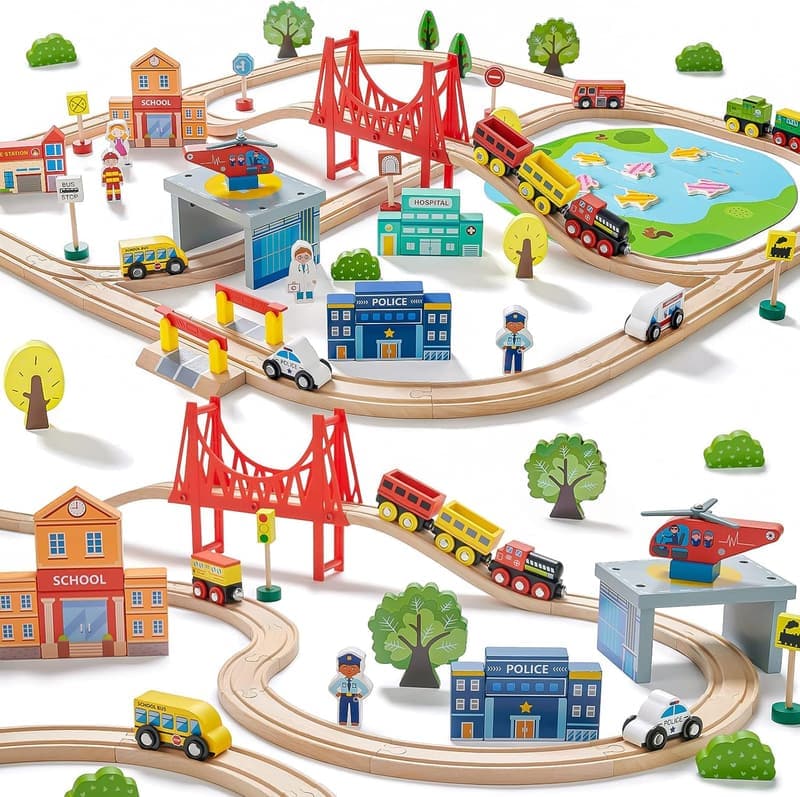 Wooden Train Set with Tracks & Accessories - 110pcs Birthday Gift
