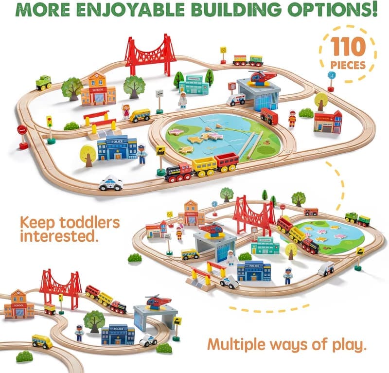 Wooden Train Set with Tracks & Accessories - 110pcs Birthday Gift