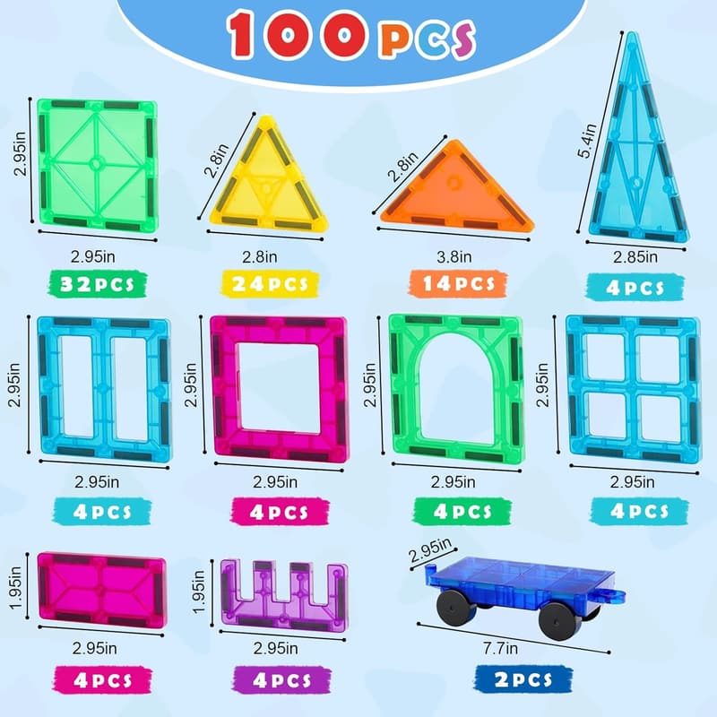STEM Magnetic Building Tiles Set with 2 Cars - 100 PCS