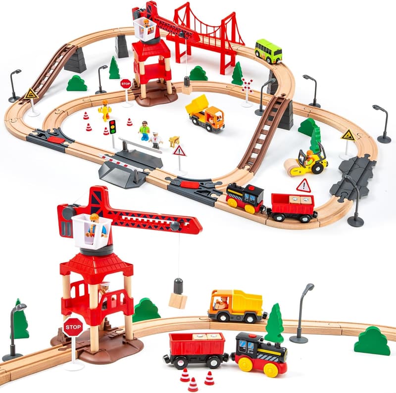 Christmas Wooden Train Set with 86pcs Track & Crane for Kids