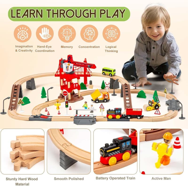 Christmas Wooden Train Set with 86pcs Track & Crane for Kids