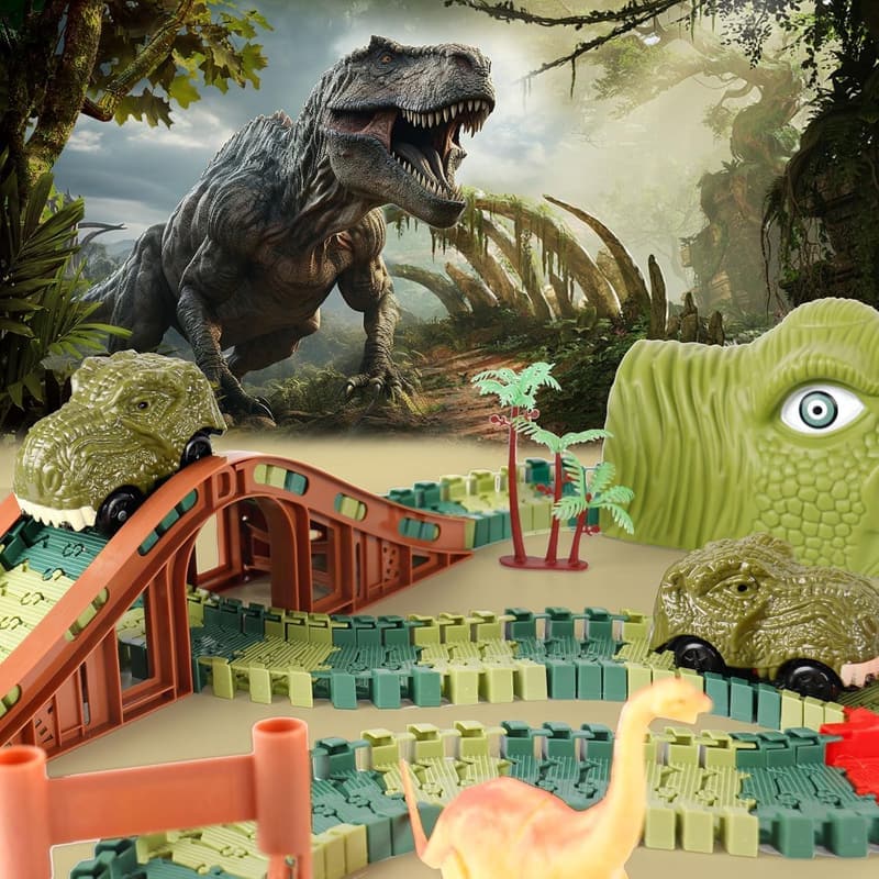 Dinosaur Race Car Track Set with Lights & Sounds for Kids