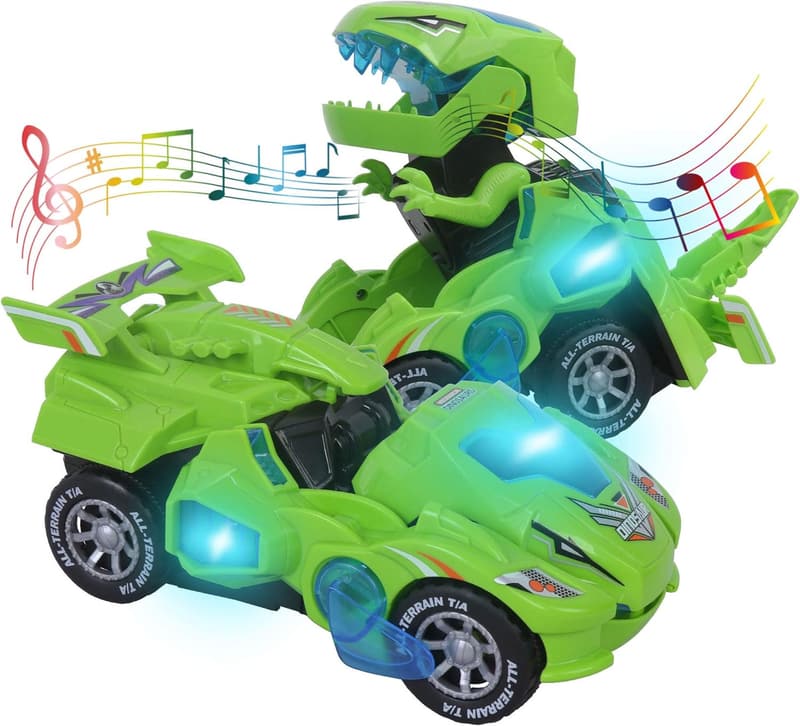 Dinosaur Transforming Car Toy with LED Light - Birthday Gift for Boys 3-6