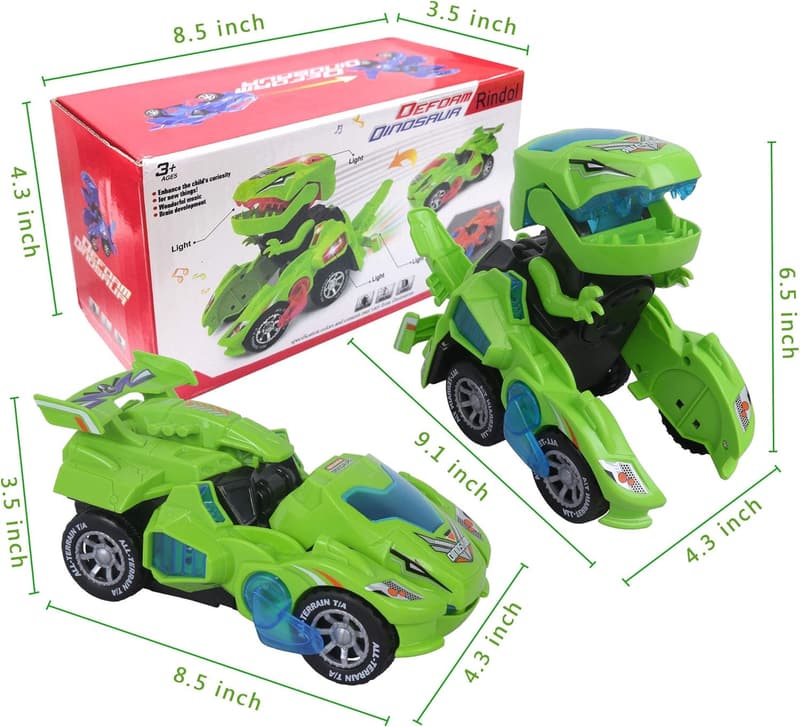 Dinosaur Transforming Car Toy with LED Light - Birthday Gift for Boys 3-6