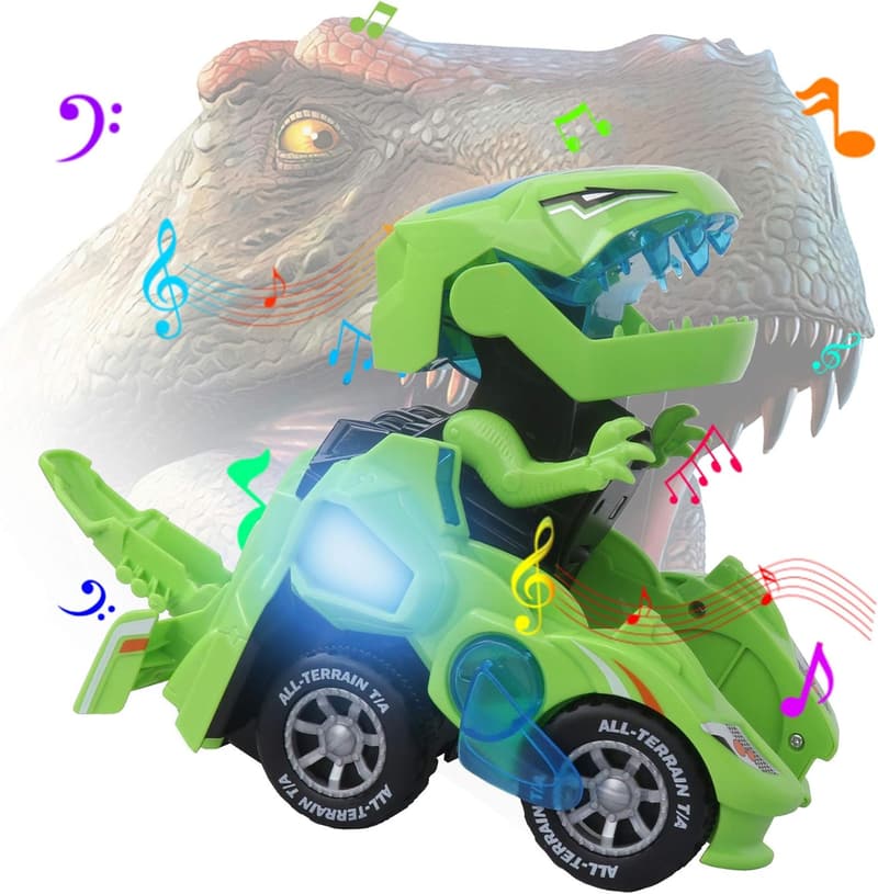Dinosaur Transforming Car Toy with LED Light - Birthday Gift for Boys 3-6
