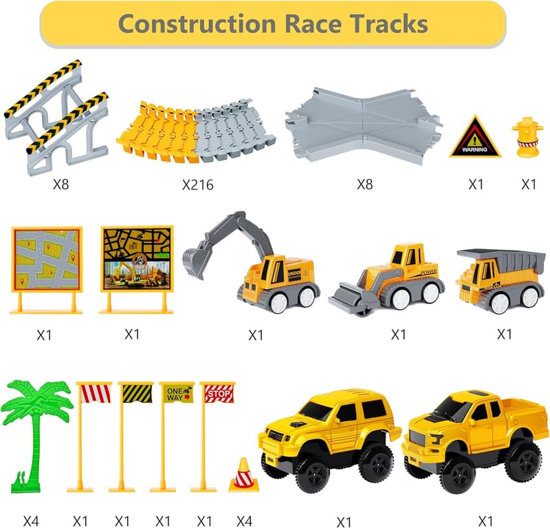 Construction Race Tracks Play Set - 253 PCS for Kids 3-8 Years