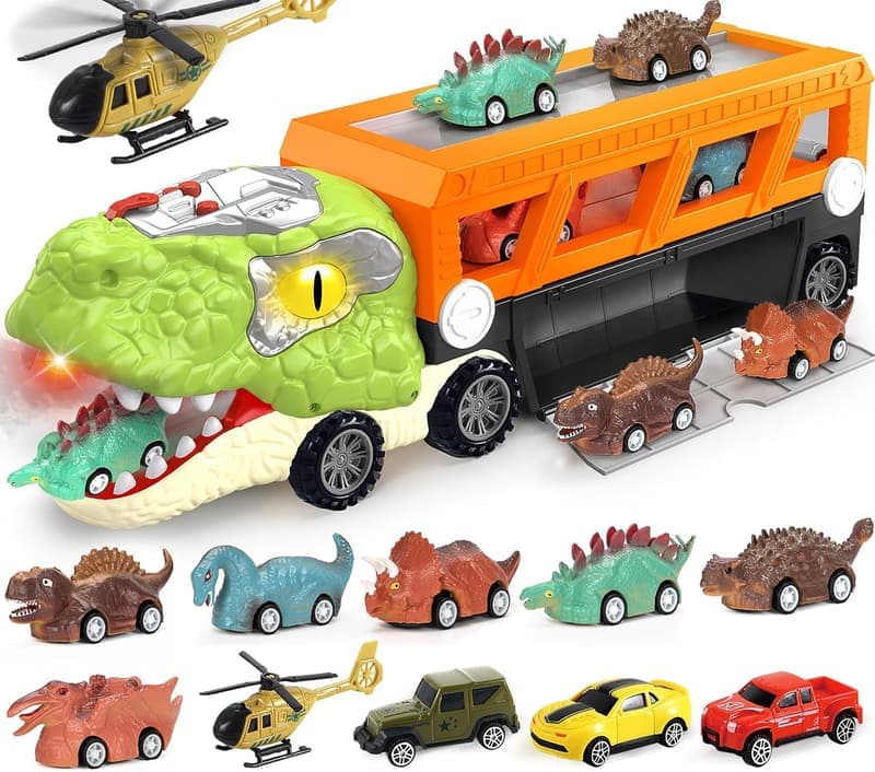 Dinosaur Transport Carrier Truck with 10 Mini Cars - Birthday Gift for Kids