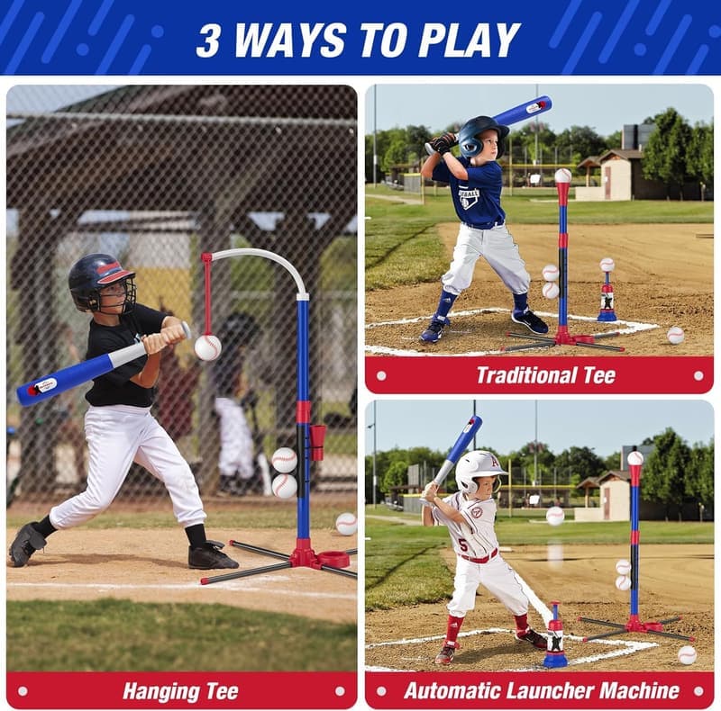 Kids' 3-in-1 Baseball Set - Tee Ball Stand & Launcher, Blue