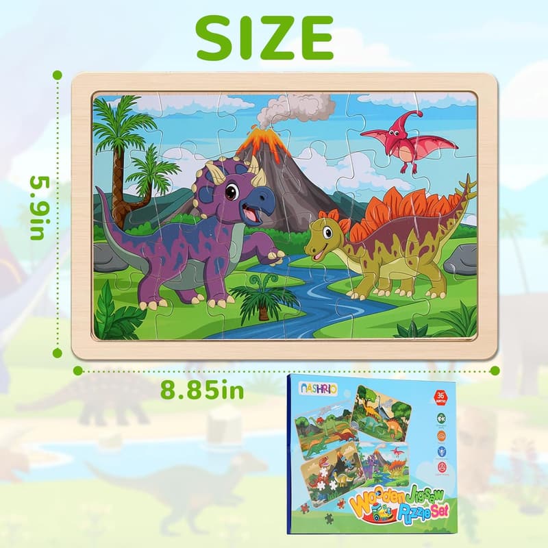 Dinosaur Wooden Puzzles Set for Kids Ages 3-6, 20 Pieces