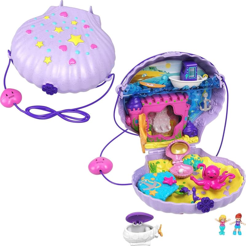 Polly Pocket Under-the-Sea Shell Purse with Mermaid Dolls & Accessories