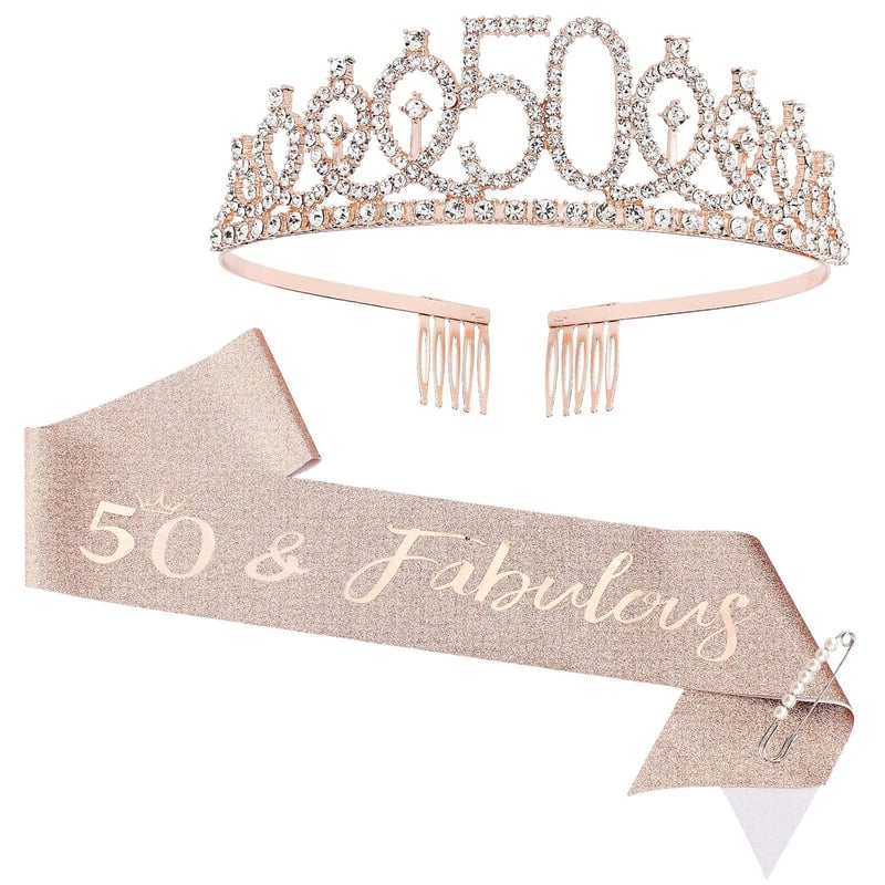 50th Birthday Tiara Set with Sash & Pearl Pin for Women