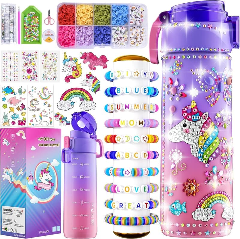 Unicorn Water Bottle Kit and Friendship Bracelet Set for Kids