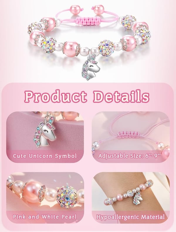 Unicorn Charm Bracelet for Girls - Adjustable Pink Pearl Gift
