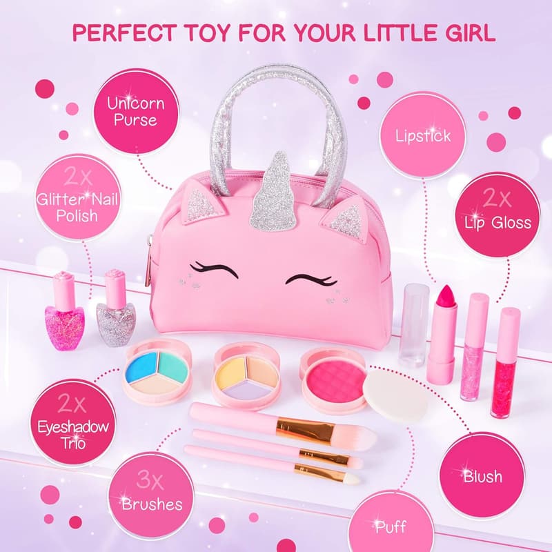 Kids Non-Toxic Makeup Kit with Pink Unicorn Purse - Easter Gift