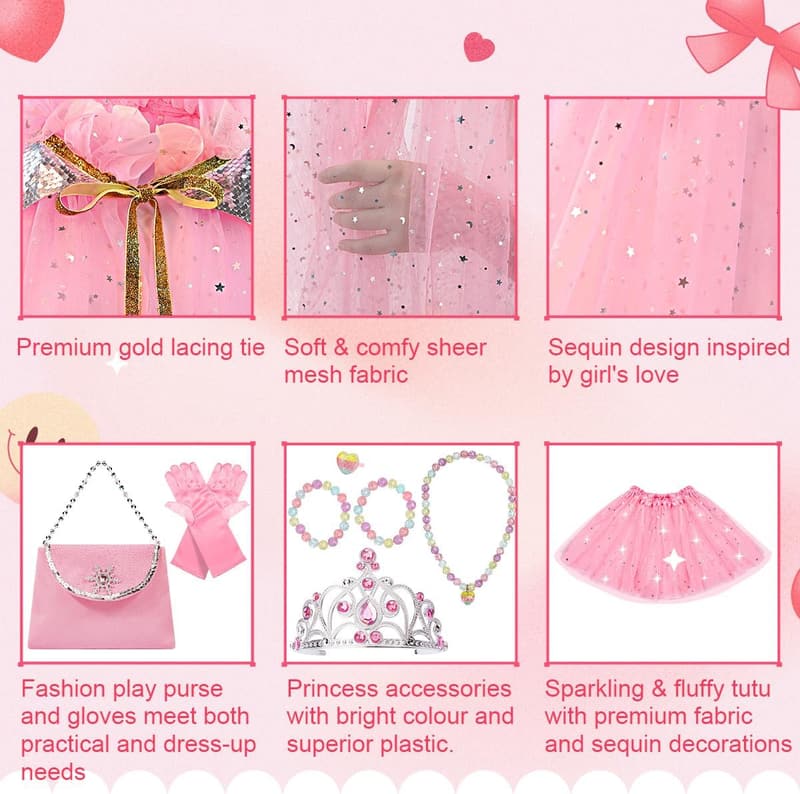 Princess Dress-Up Set for Girls 3-8 - 11-Piece Cape & Crown