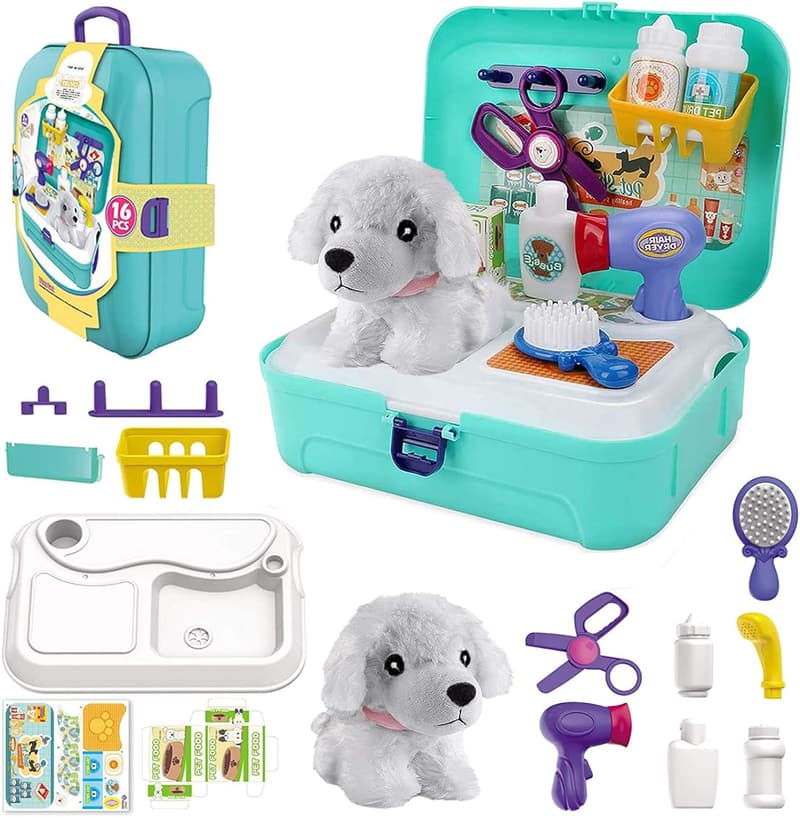 Kids' Vet Doctor Play Set - 16 Pcs Puppy Grooming Toys
