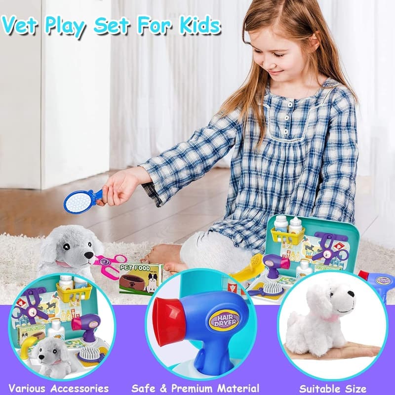 Kids' Vet Doctor Play Set - 16 Pcs Puppy Grooming Toys